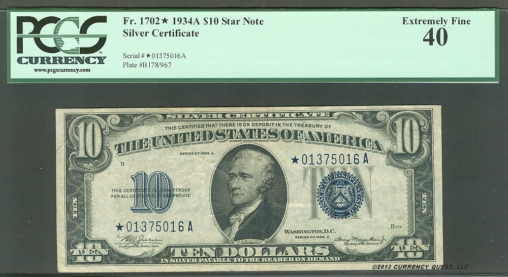 Fr.1702*, 1934A $10 Star Silver Certificate, Extremely Fine, PCGS-40, *01375016A
